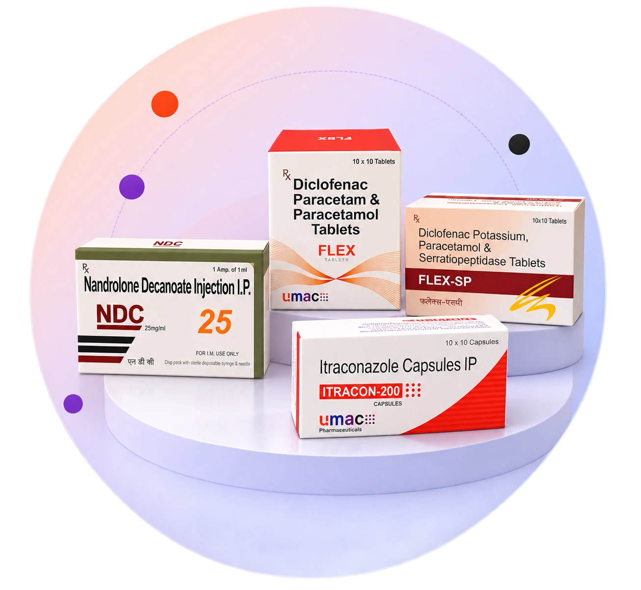 Umac Pharmaceuticals product packs: NDC 25 injection, FLEX and FLEX-SP tablets, ITRACON-200 capsules
